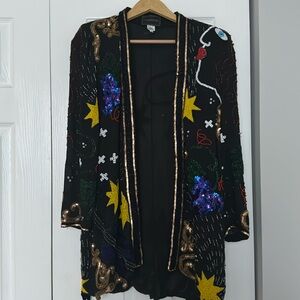 RARE. Abstract Face Bead Embellished Jacket FuNkY Novelty Beaded Sequin